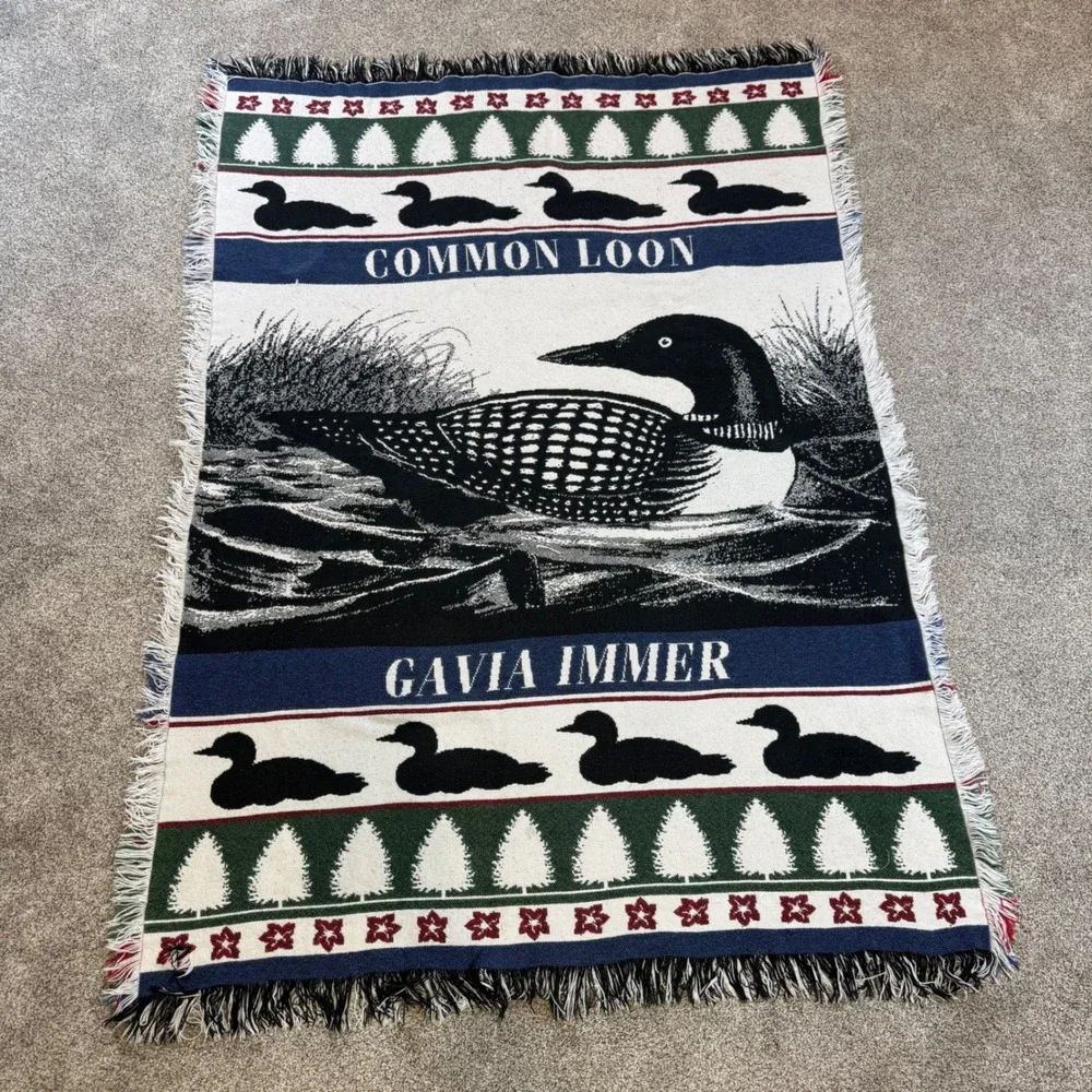 Vintage Common Loon Gavia Immer Woven Tapestry Throw Blanket Fringed Cabin Decor